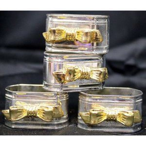 Set of 4 Silver Napkin Rings Holders Geometric Gold Colored Bow Queen Victoria